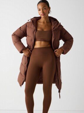 NWT Fabletics Essential Long Puffer Coat Hazelnut Brown XS NWT Hooded